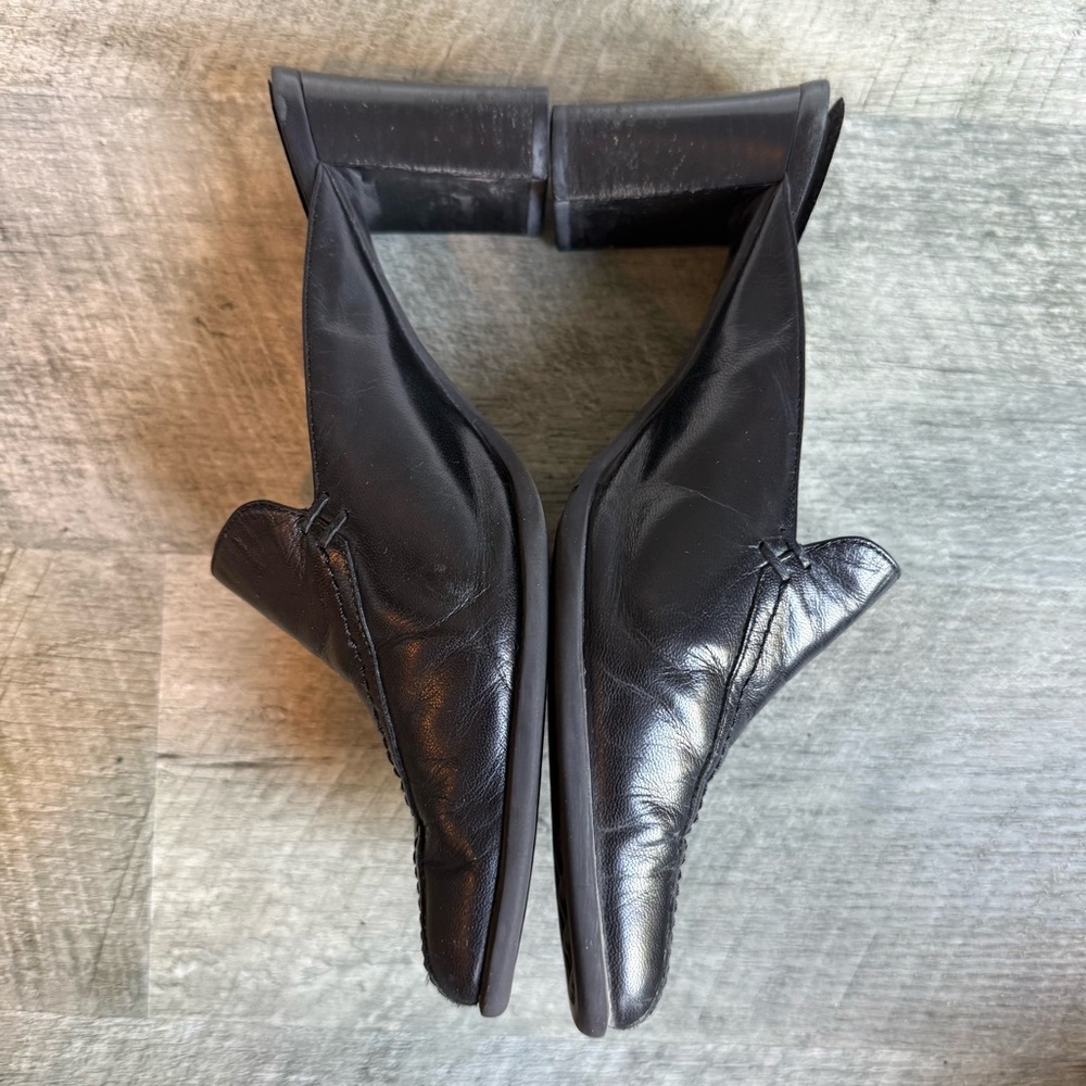 Vtg Clog Mules Womens 8 Black Leather Slip-On Heeled Sq Toe Block Heel Shoe - Picture 7 of 11